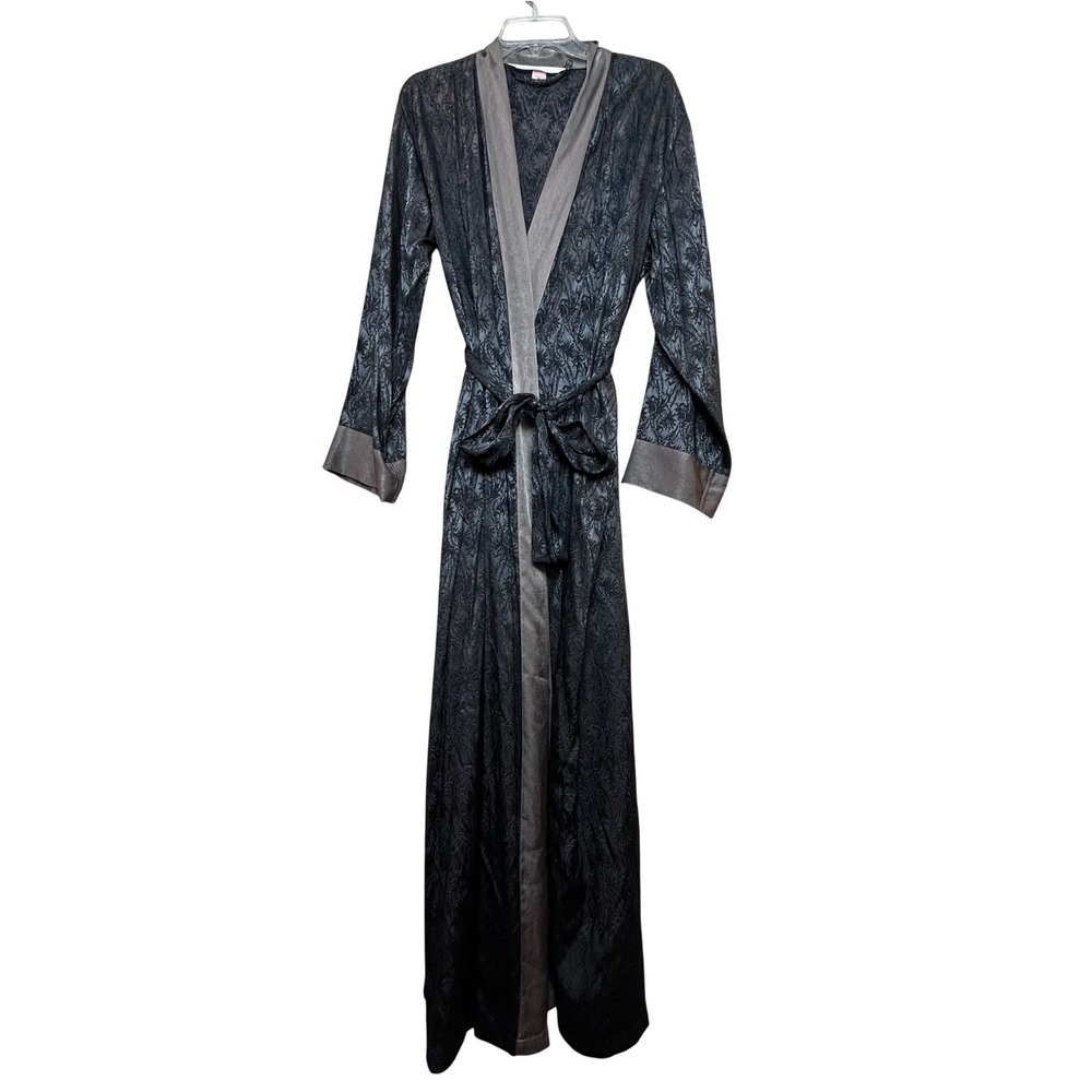 Victoria's Secret Robe Women M/L Black Grey Floral Jacquard Satin Trim Regency